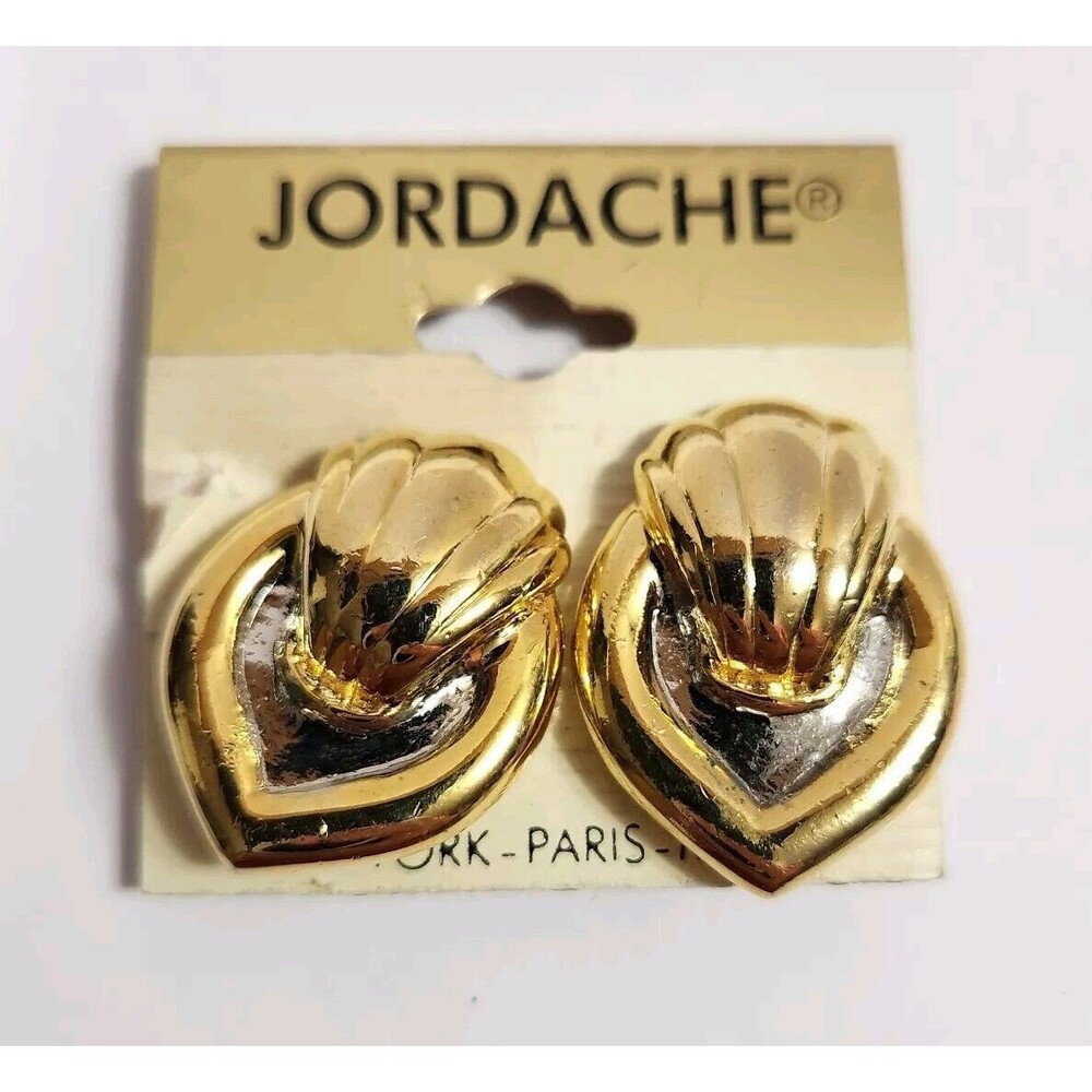 Jordache Gold Toned Framed W Silver Toned Inside Clip-On Earrings Sea Shell Loop - Picture 1 of 3
